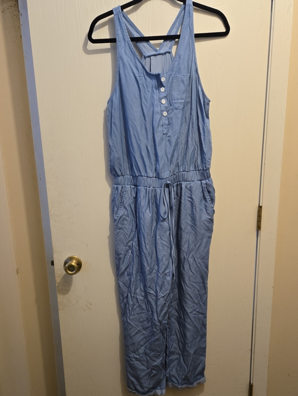Light Blue Sleeveless Button-Front Jumpsuit with Drawstring Waist